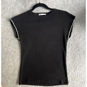 Zara Black Cap Sleeves Rhinestones Embellished Sexy Fitted Knit Top Shirt  S/XS